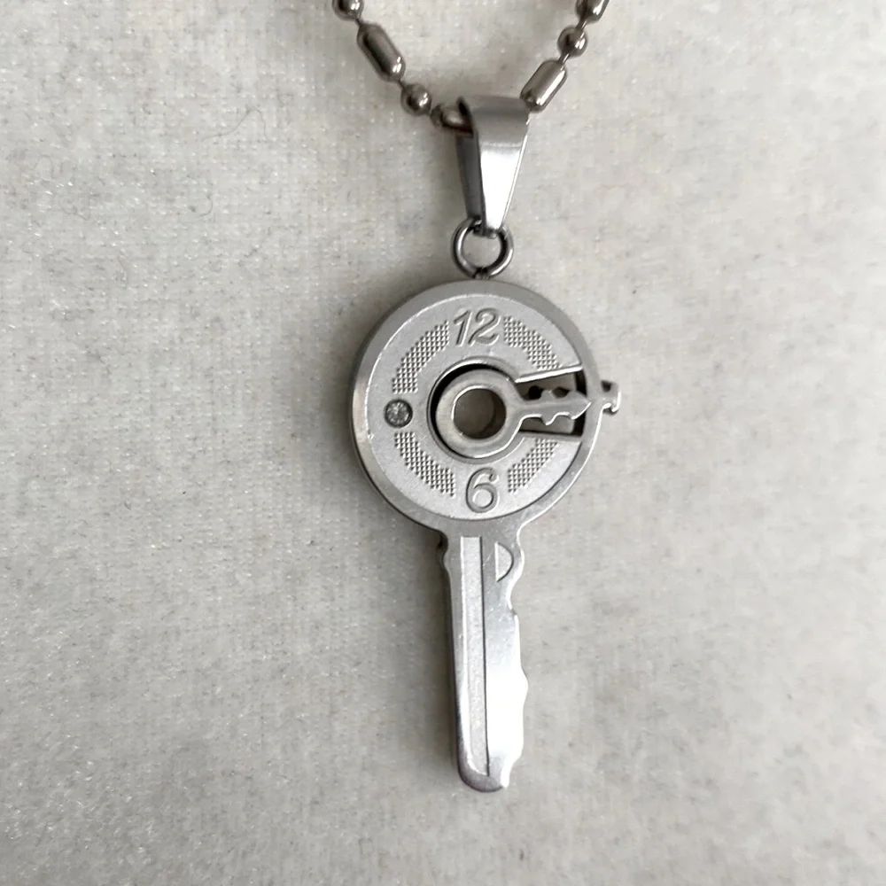 Silver Steampunk Key Clock Face Dial Industrial Minimalist Pendant Necklace